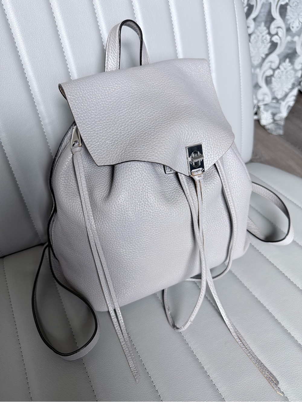 Rebecca Minkoff Gray Pebbled Genuine Leather Drawstring Backpack Purse - Picture 3 of 9